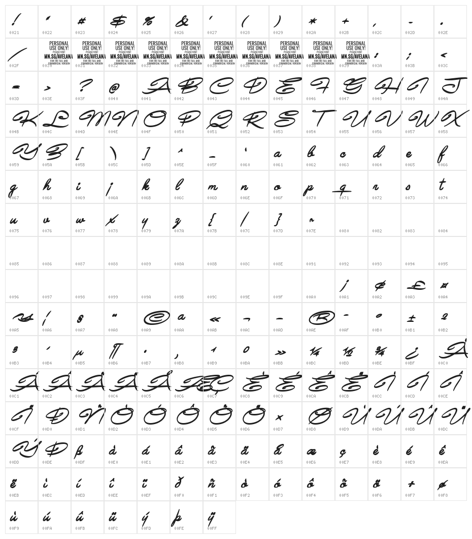 Avelana Bold Ital PERSONAL USE Character Map