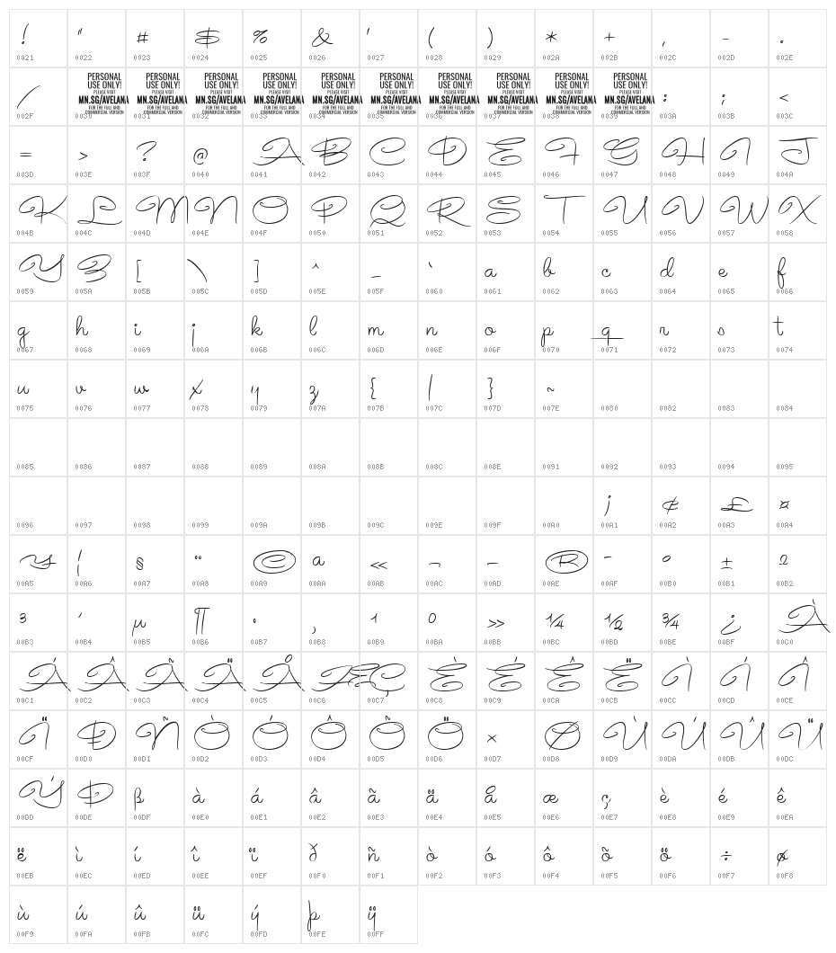 Avelana Thin PERSONAL USE Character Map