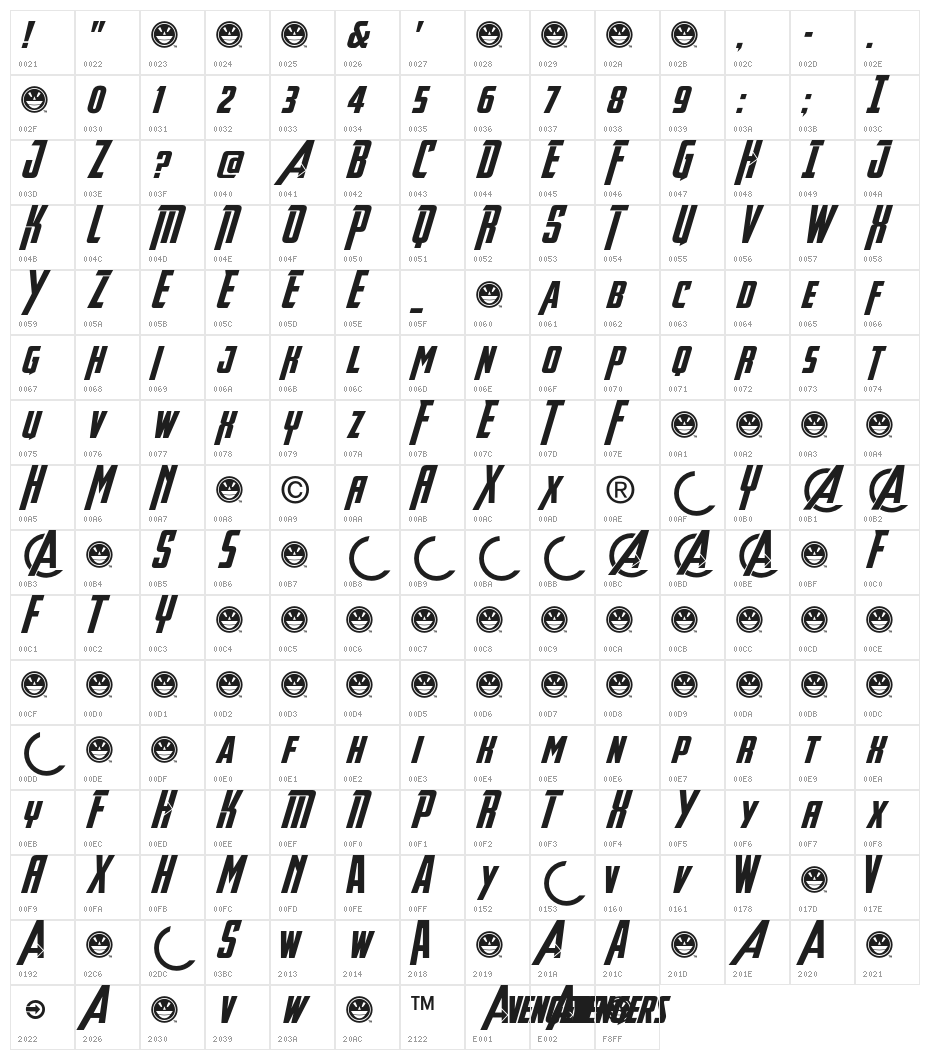 Avengeance Heroic Avenger Bold Italic Character Map