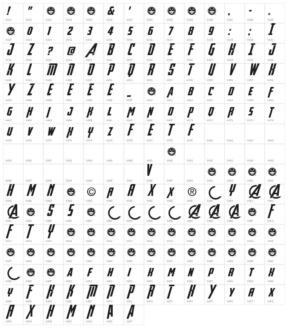 Avengeance Heroic Avenger Italic Character Map