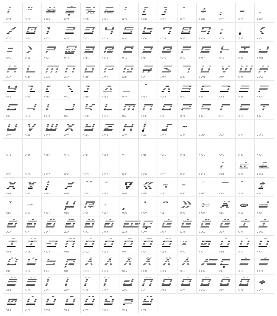 Avenger Gradient Italic Character Map