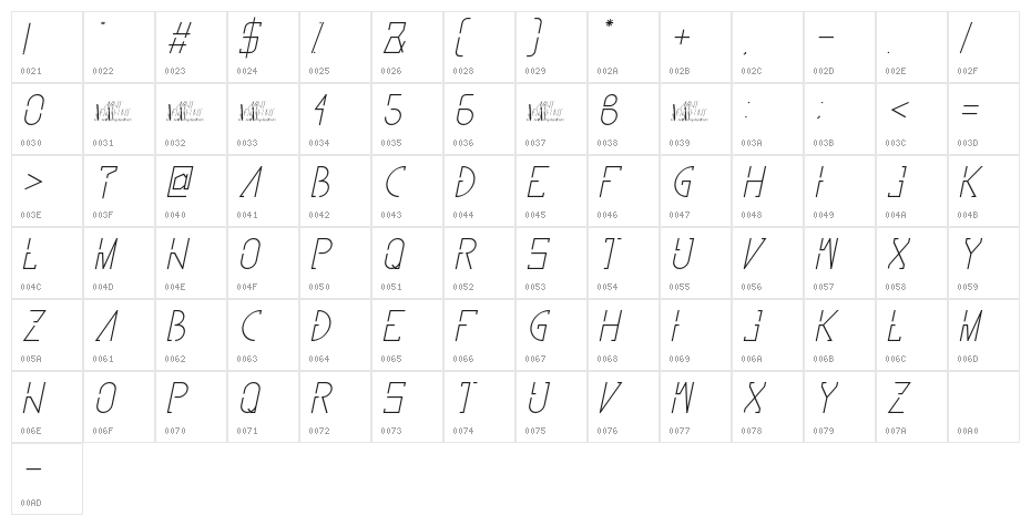 Avint Thin Italic Character Map