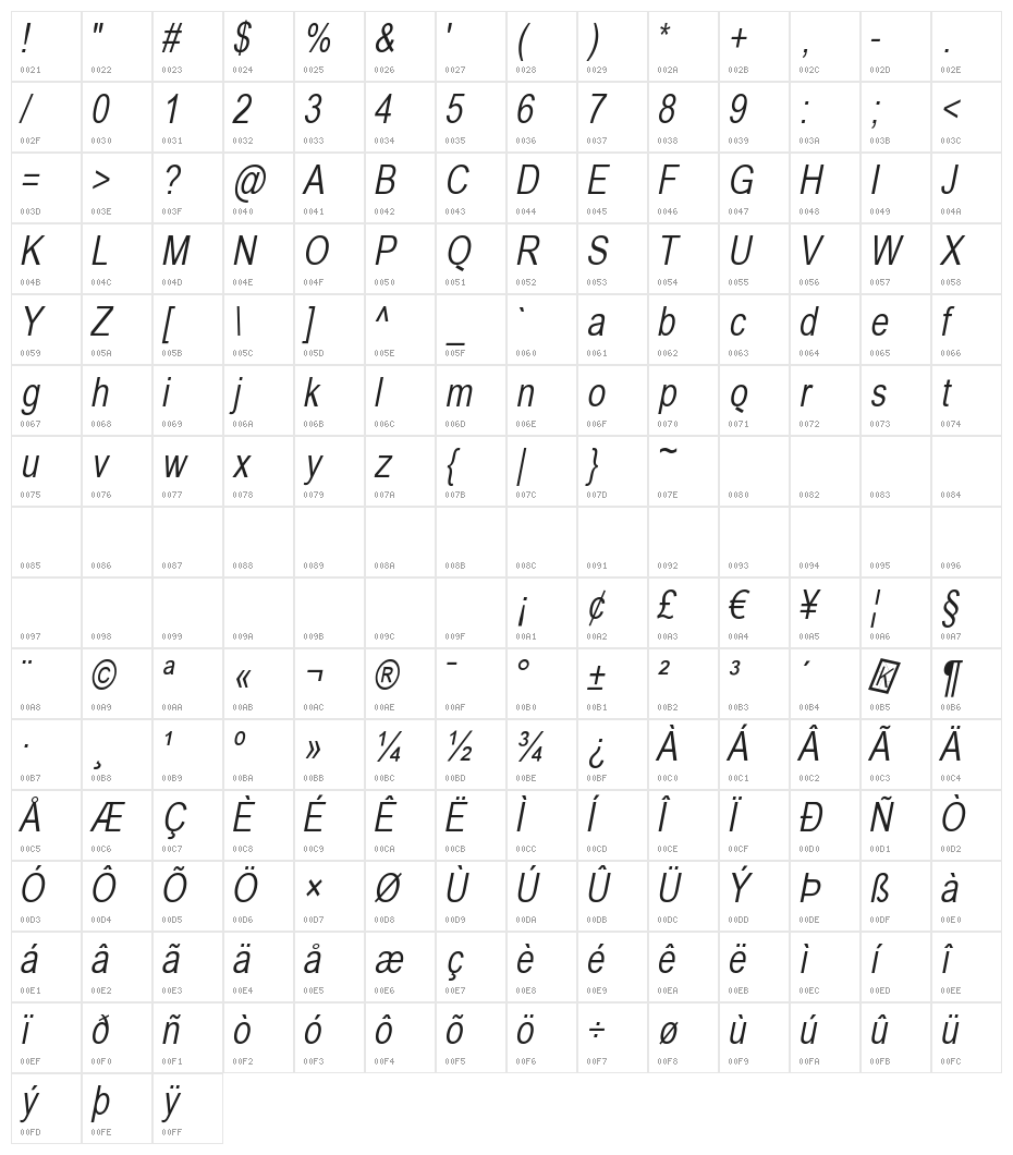 BabelSans-Oblique Character Map