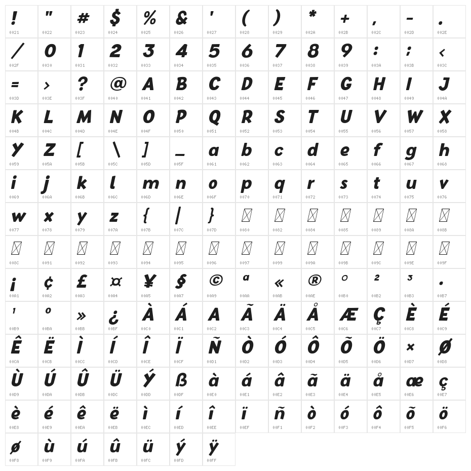 Baby School Italic Character Map