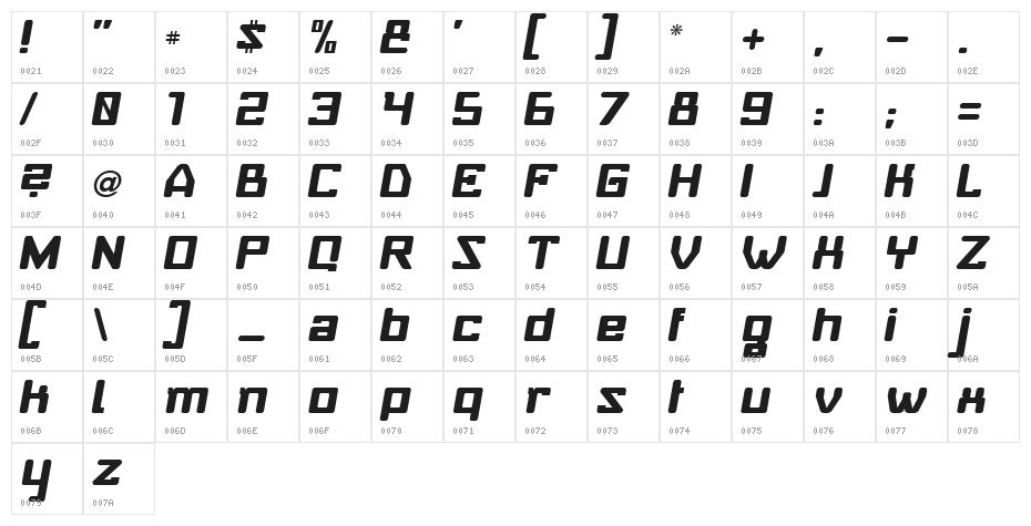 Baby Universe Italic Character Map