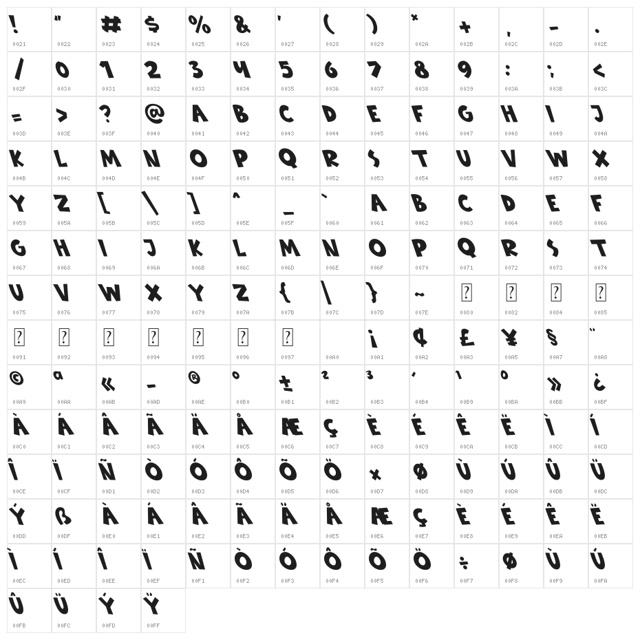 Babydoo Oblique Character Map