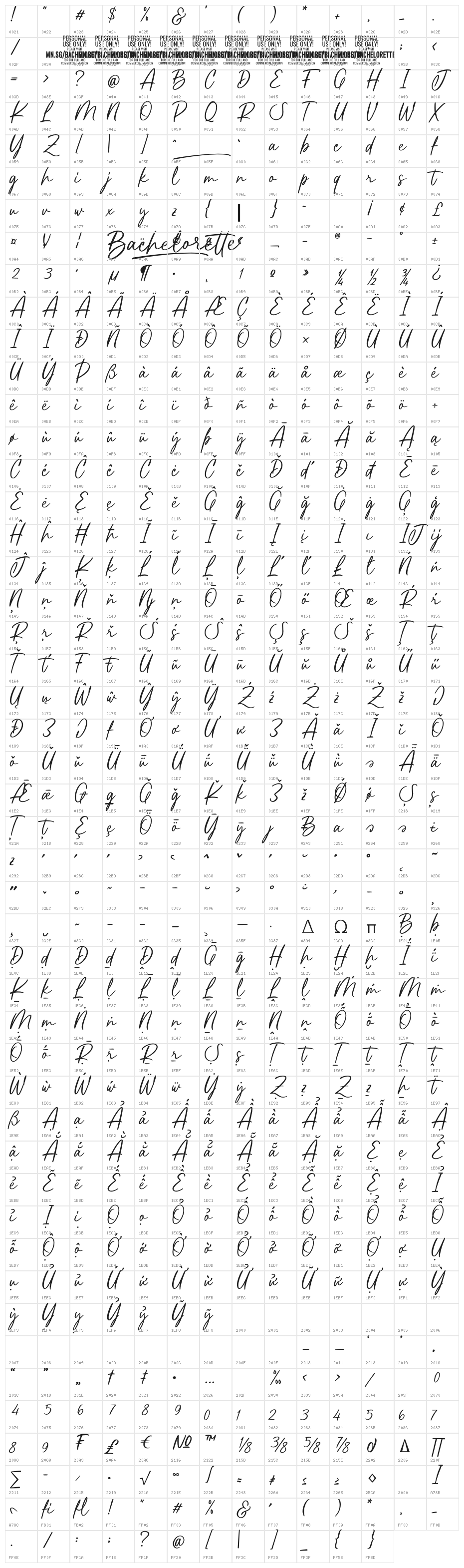 Bachelorette PERSONAL USE ONLY Regular Character Map