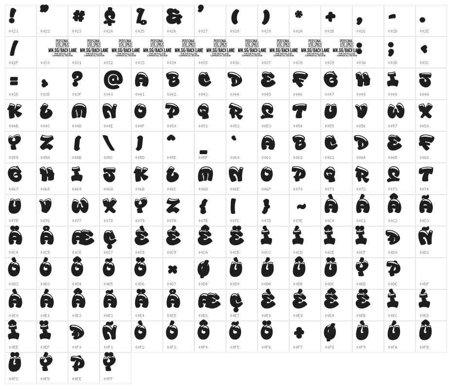 Backlane PERSONAL USE Regular Character Map