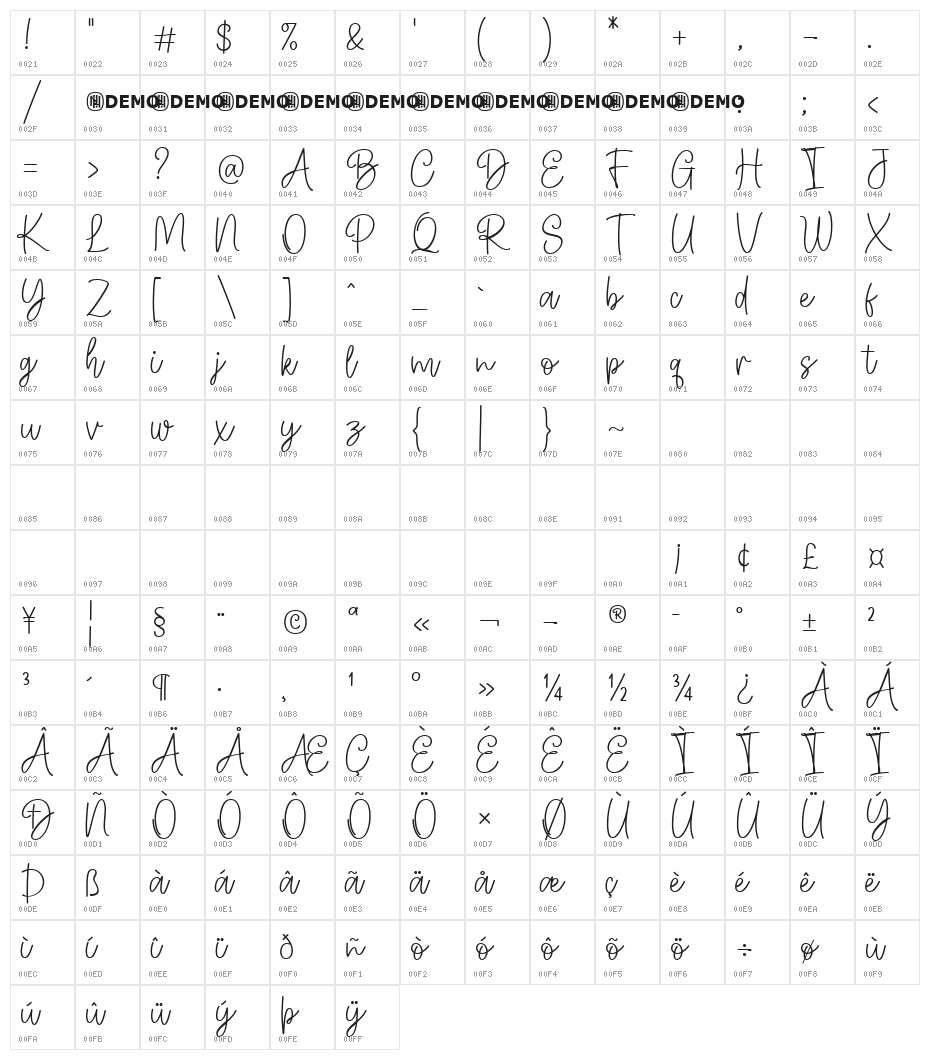 Backstay Regular Character Map