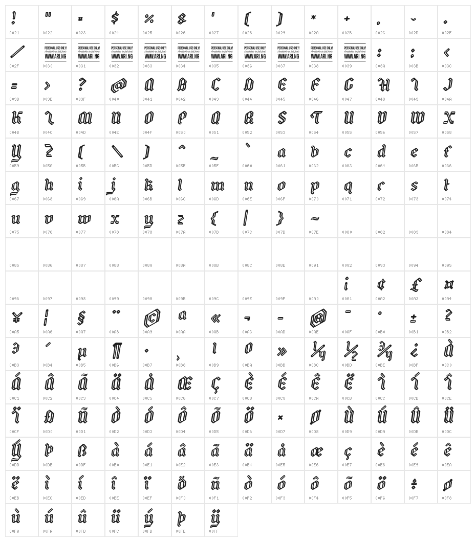 Backyard PERSONAL Italic Character Map