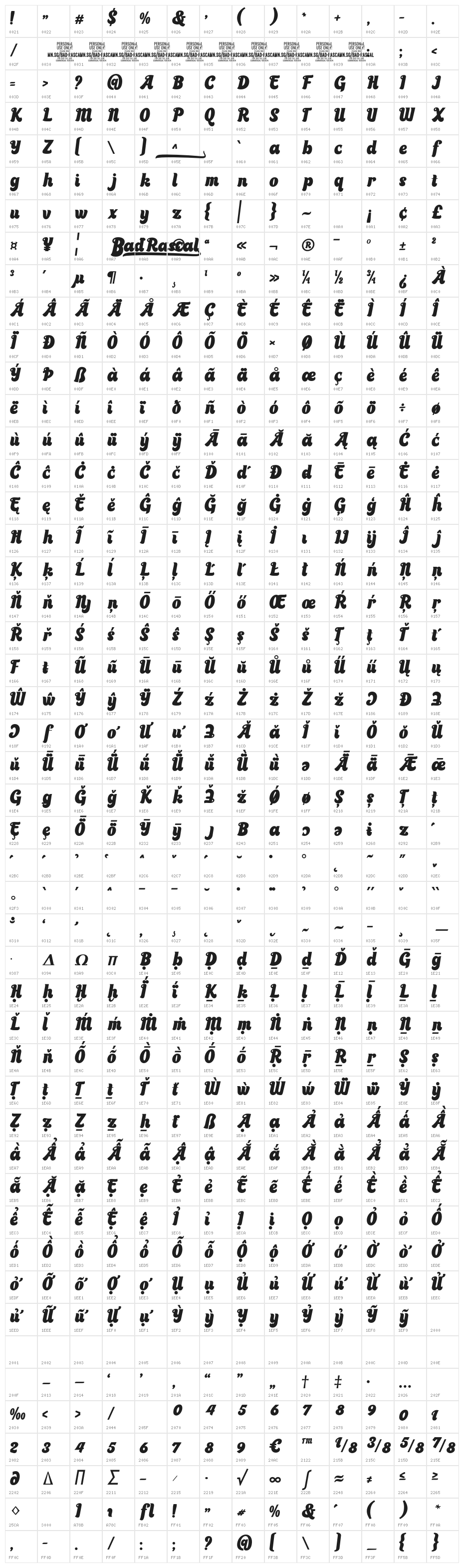 Bad Rascal PERSONAL USE ONLY Regular Character Map