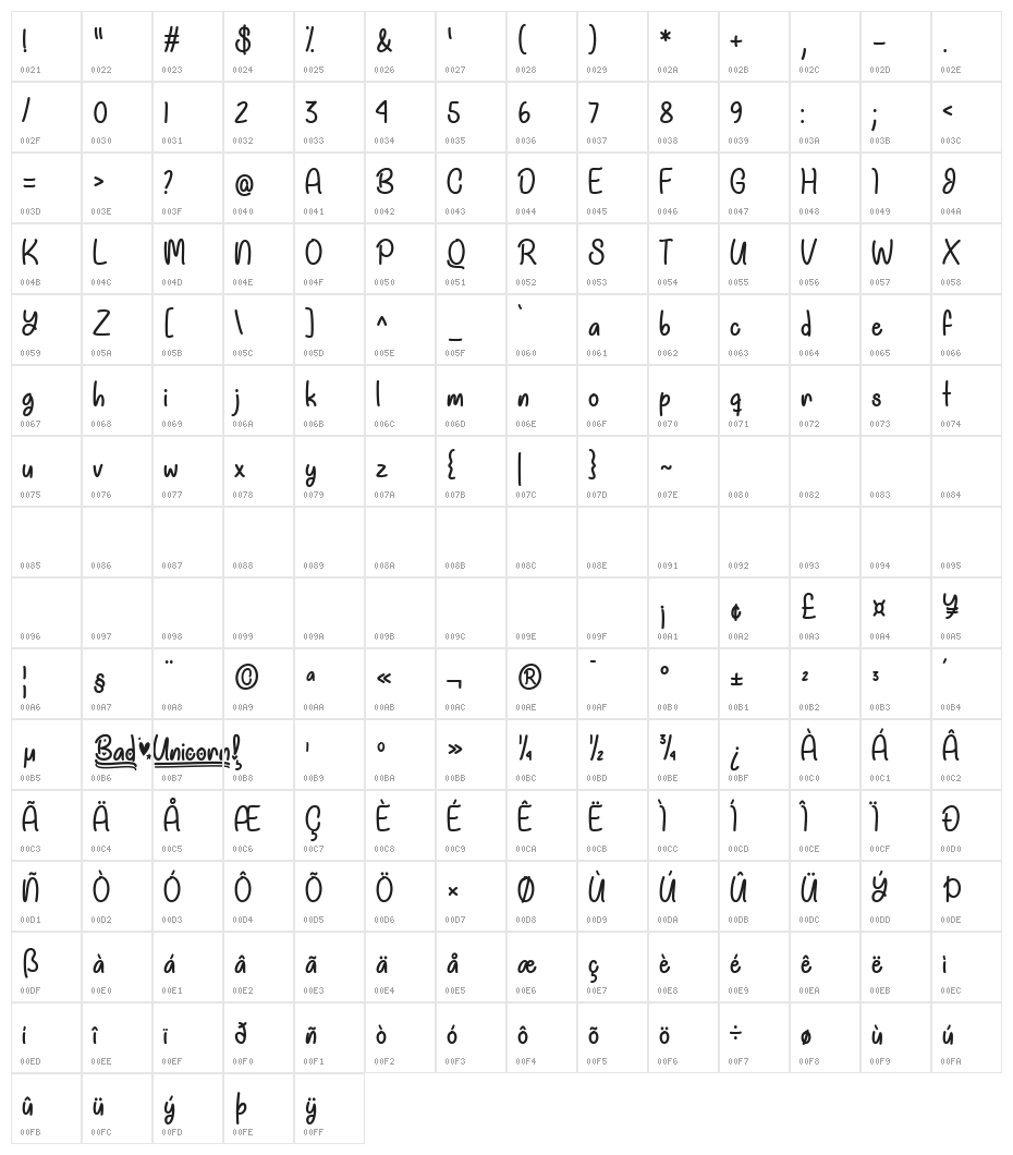 Bad Unicorn DEMO Regular Character Map