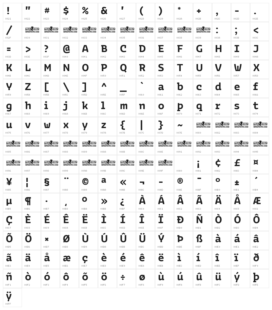 Bakemono Stereo Trial Bold Character Map