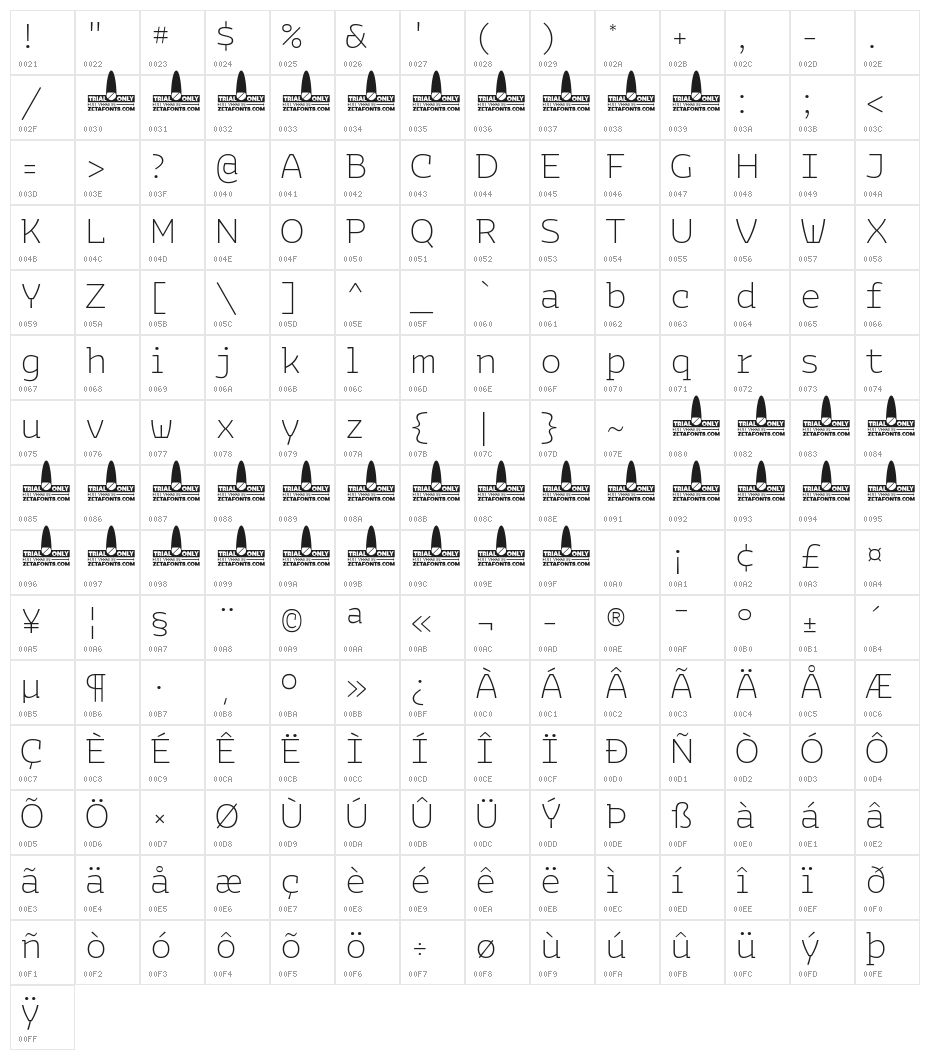 Bakemono Stereo Trial ExtraLight Character Map