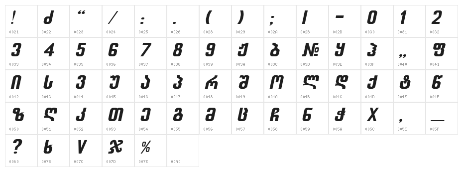 Balavery-ITV Italic Character Map