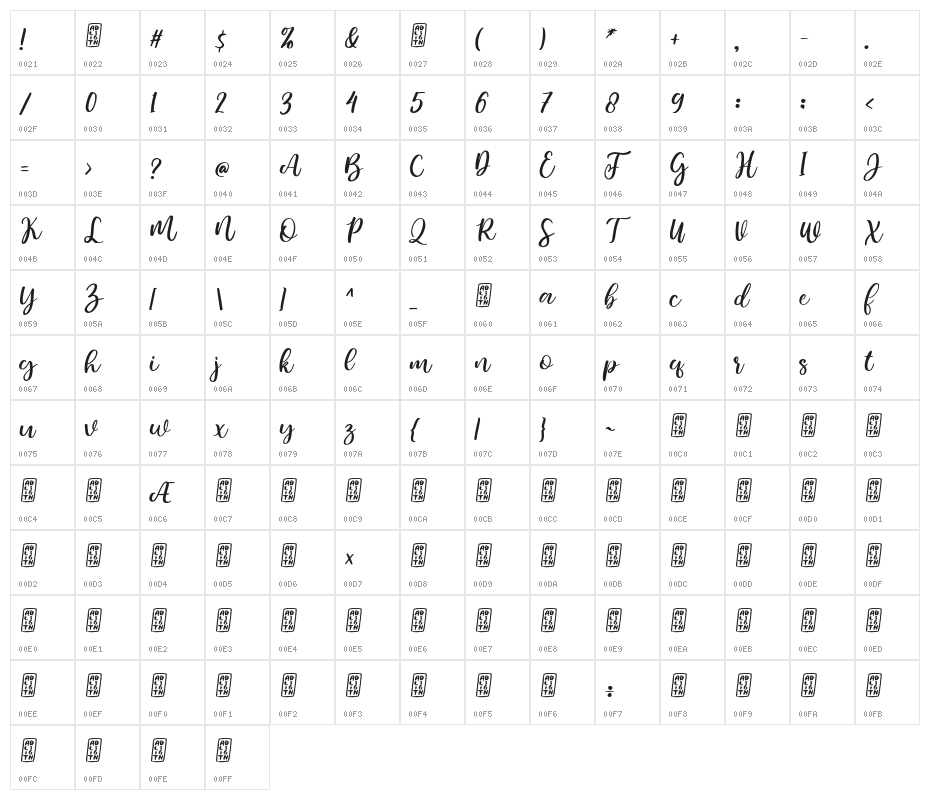 Bamella Italic Character Map