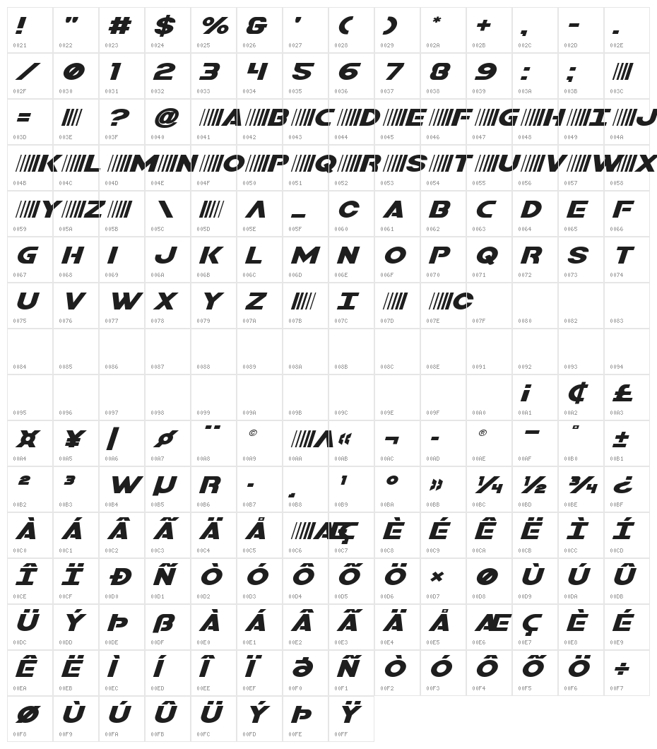 Bamf Expanded Italic Character Map