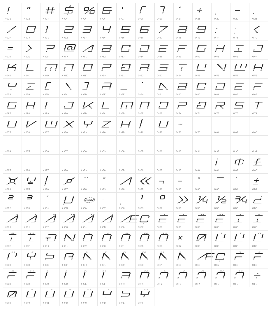 Banshee Pilot Halftone Italic Character Map