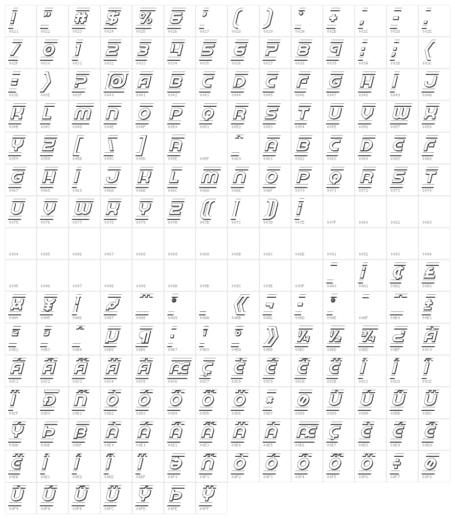 Barcade 3D Italic Character Map