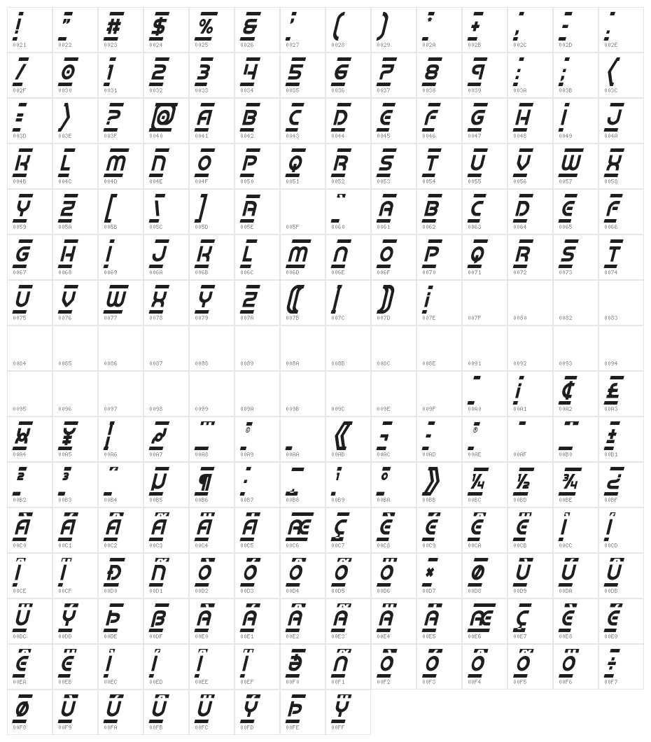 Barcade Condensed Italic Character Map