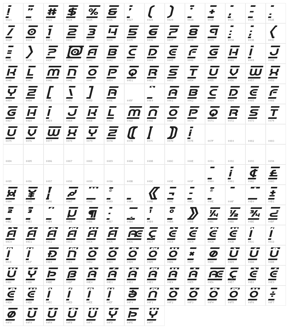 Barcade Expanded Italic Character Map