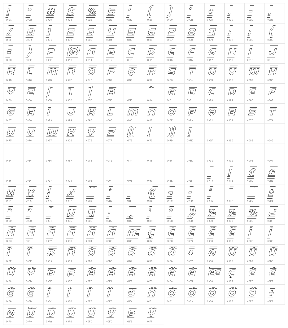 Barcade Outline Italic Character Map