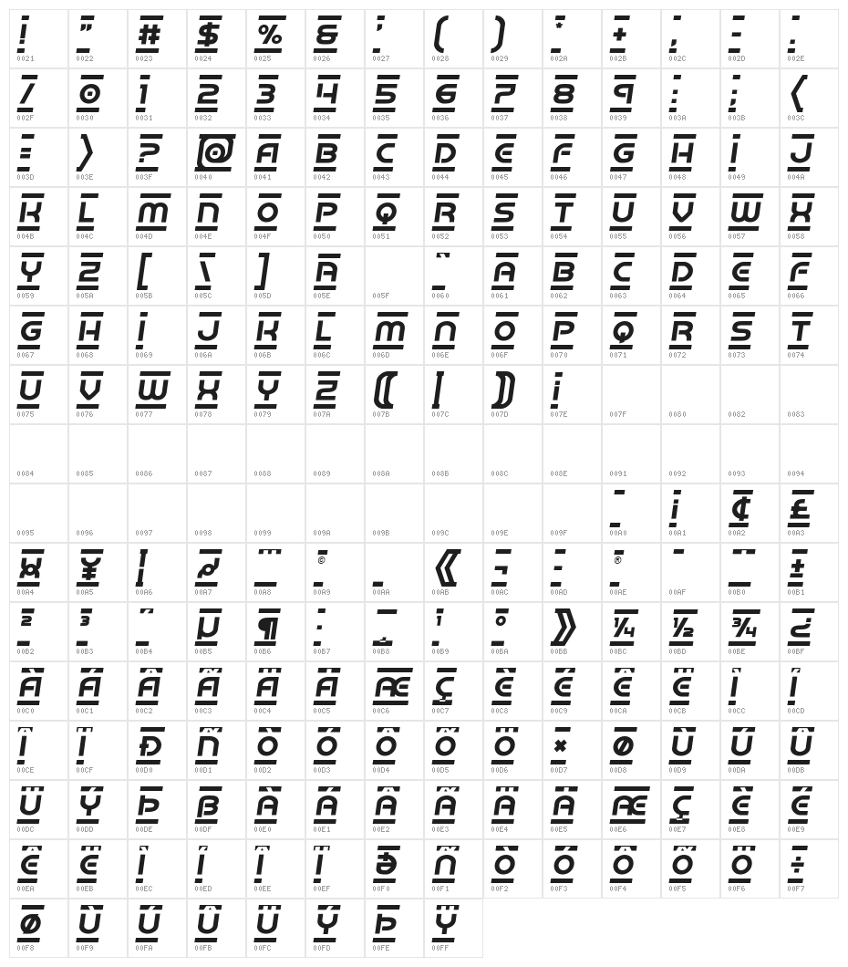 Barcade Semi-Italic Character Map