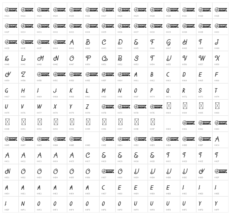 Barheto Demo Italic Character Map