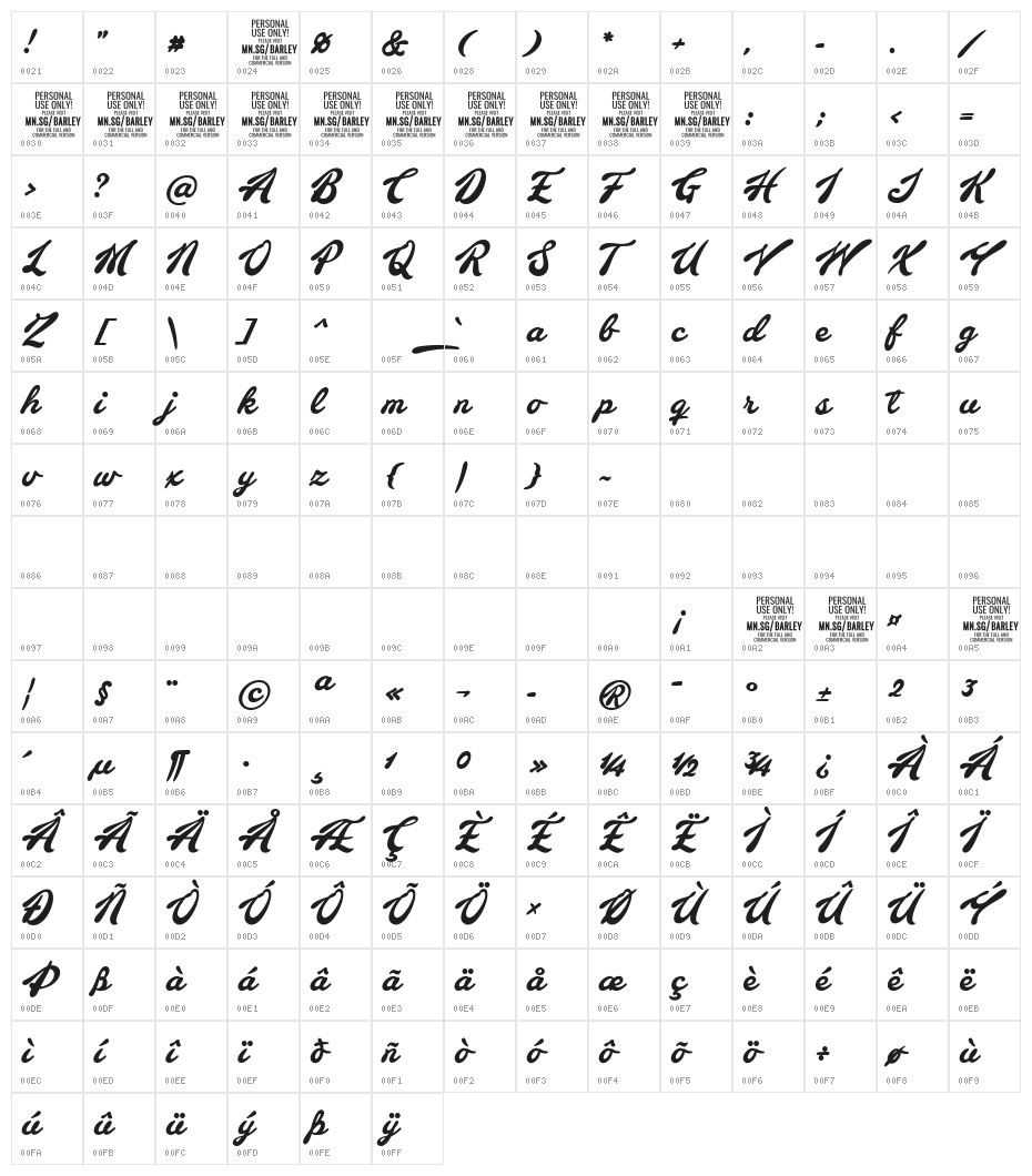 Barley Script PERSONAL USE Character Map