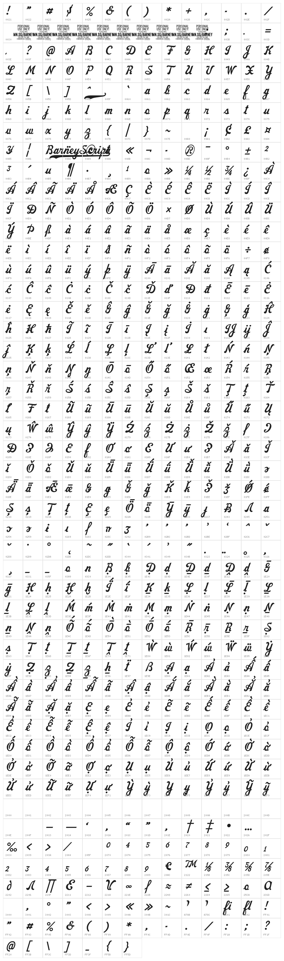 Barney Script PERSONAL USE Regular Character Map