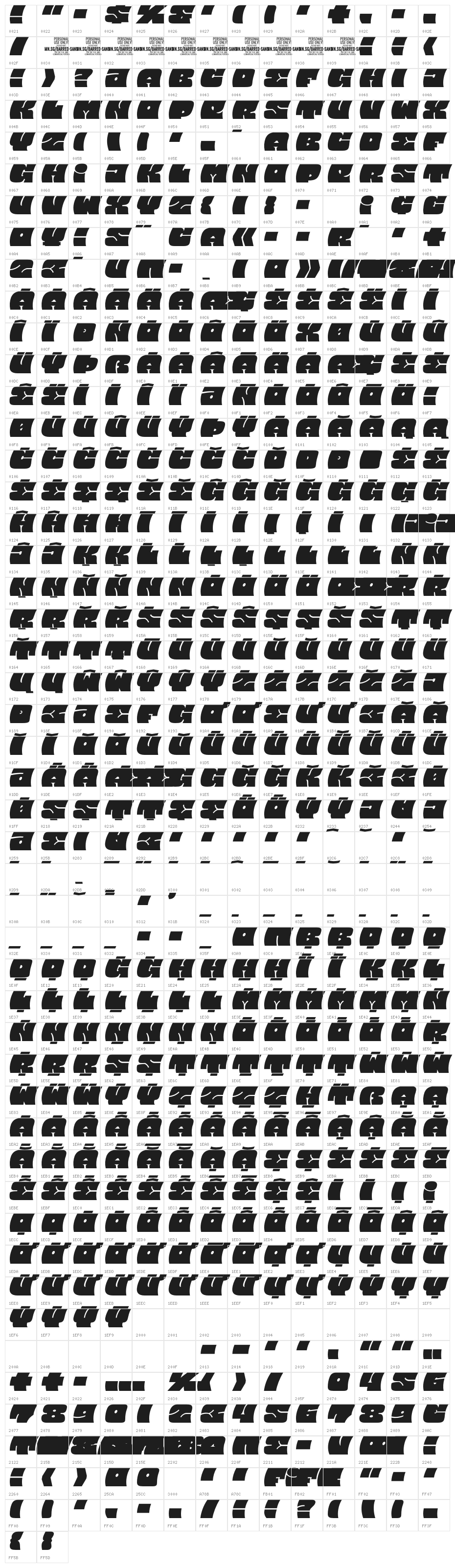 Barred Sans PERSONAL USE Regular Character Map