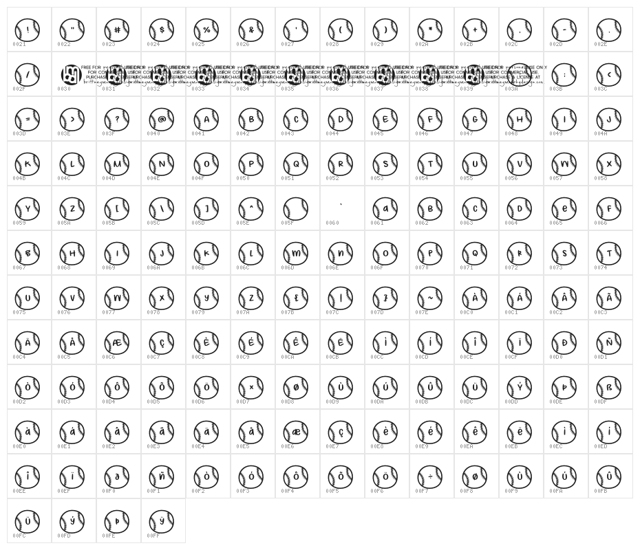 Baseball Letters Demo Regular Character Map
