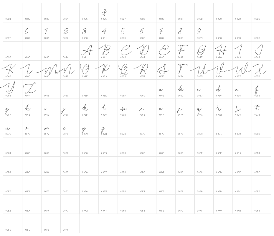 BataviaGlamoreScript-Regular Character Map