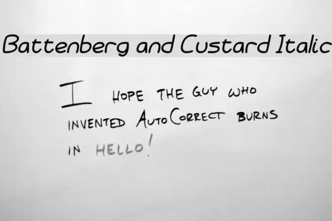 Battenberg and Custard Italic Font examples