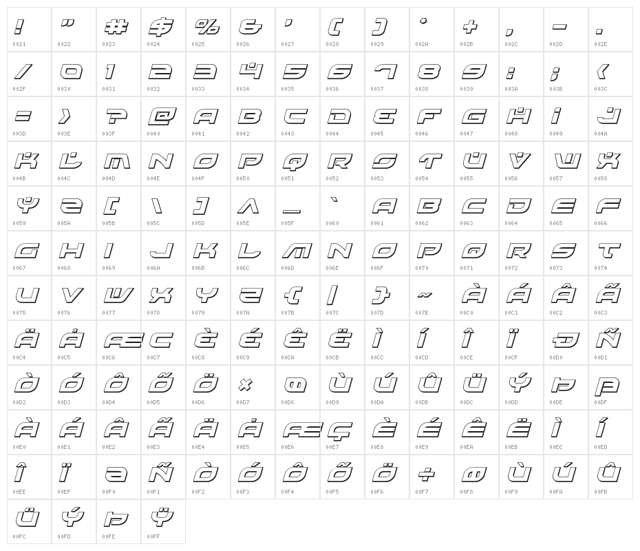Battlefield 3D Italic Character Map