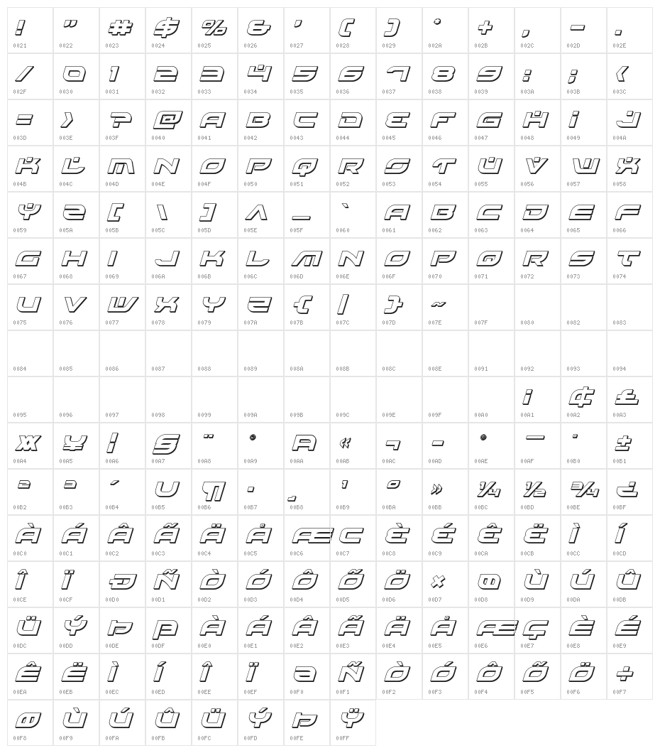 Battlefield 3D Italic Character Map