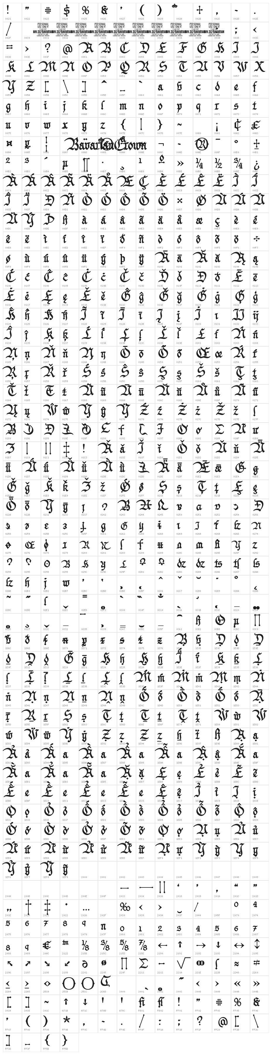 Bavarian Crown Bold PERSONAL Bold Character Map