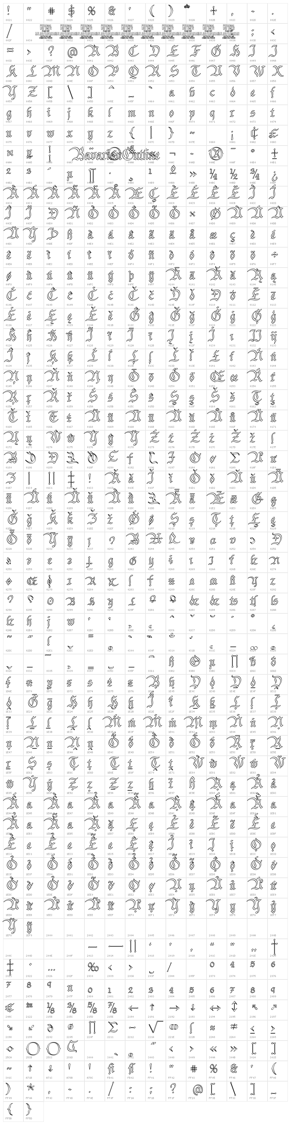 Bavarian Outline PERSONAL Outline Character Map