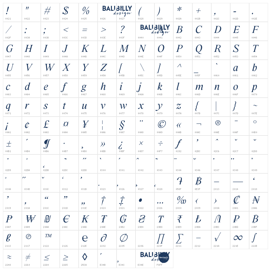 BD Megalona DEMO Personal Use Only Regular Italic Character Map