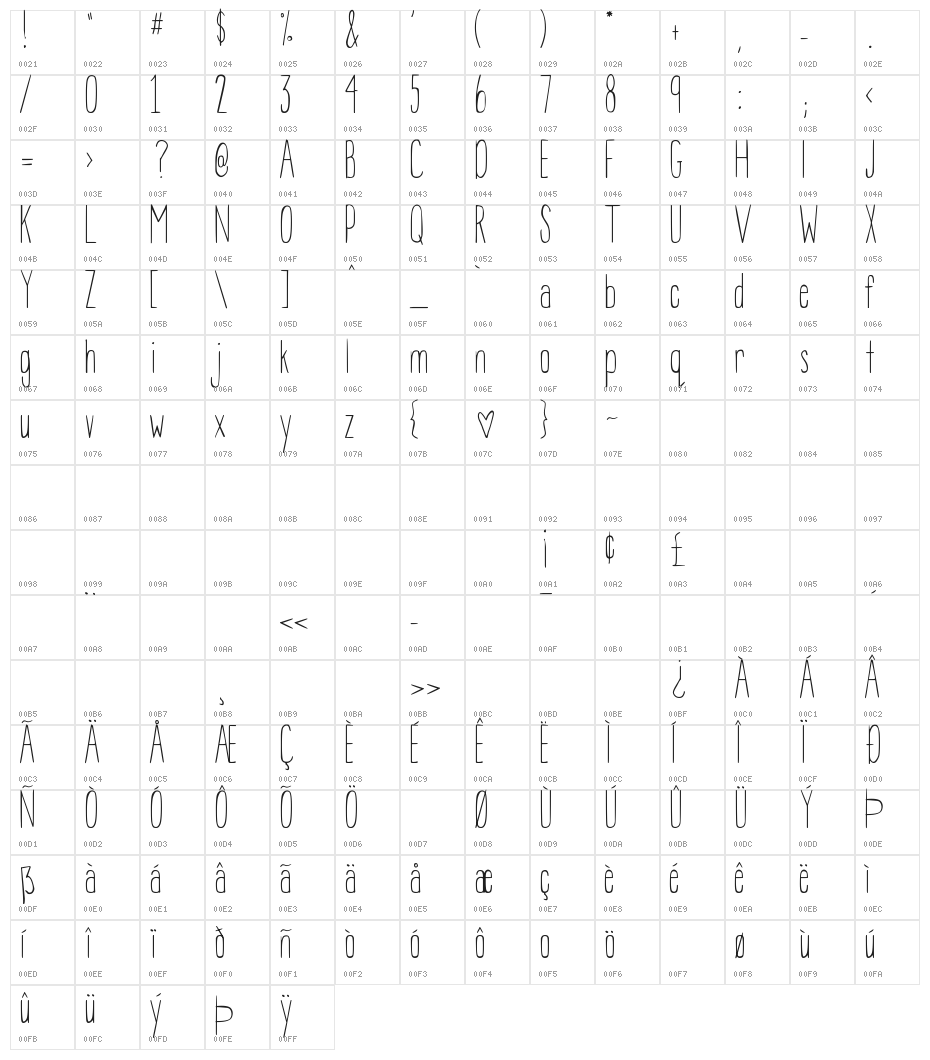 BEAN POLE XL Character Map