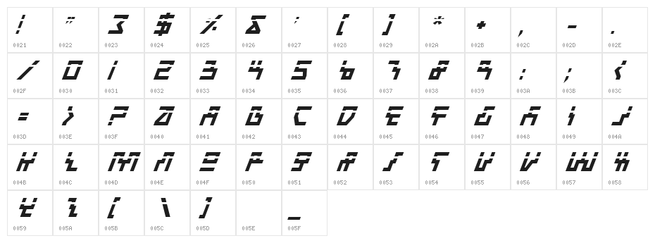 Beam Rider Bold Italic Laser Character Map