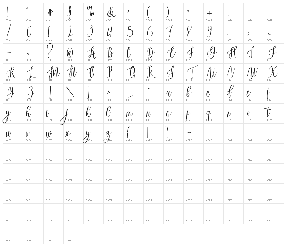 BeautifulScript-Light Character Map
