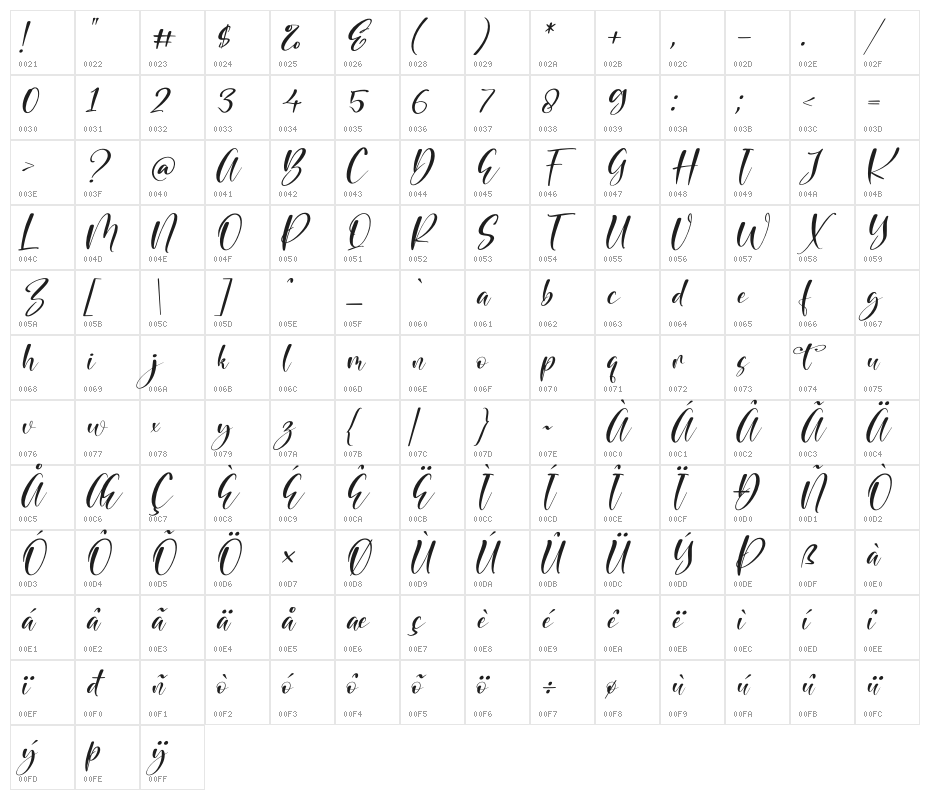 Beauty Brand Italic Character Map