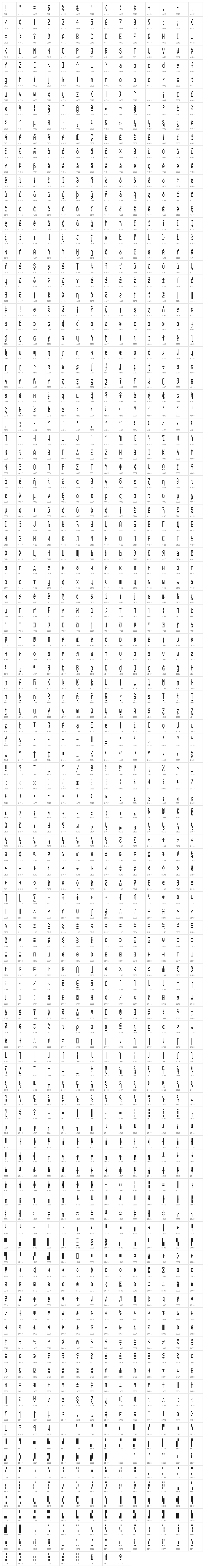 Bedstead Ultra Condensed Character Map