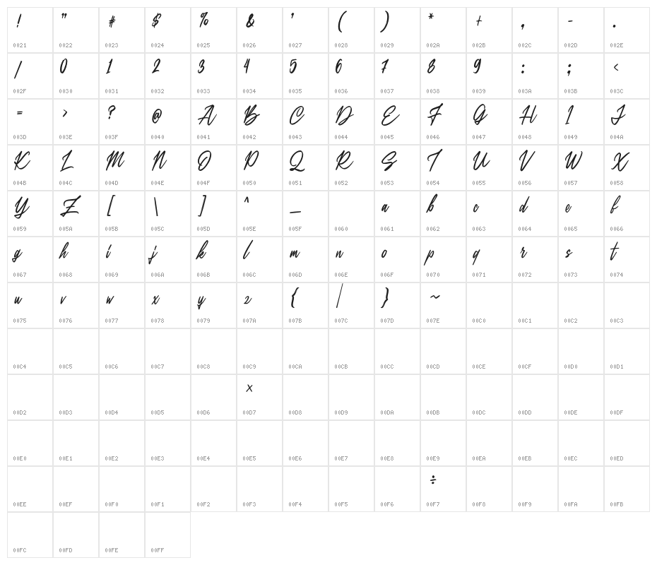 BelbingScriptDEMO-Regular Character Map