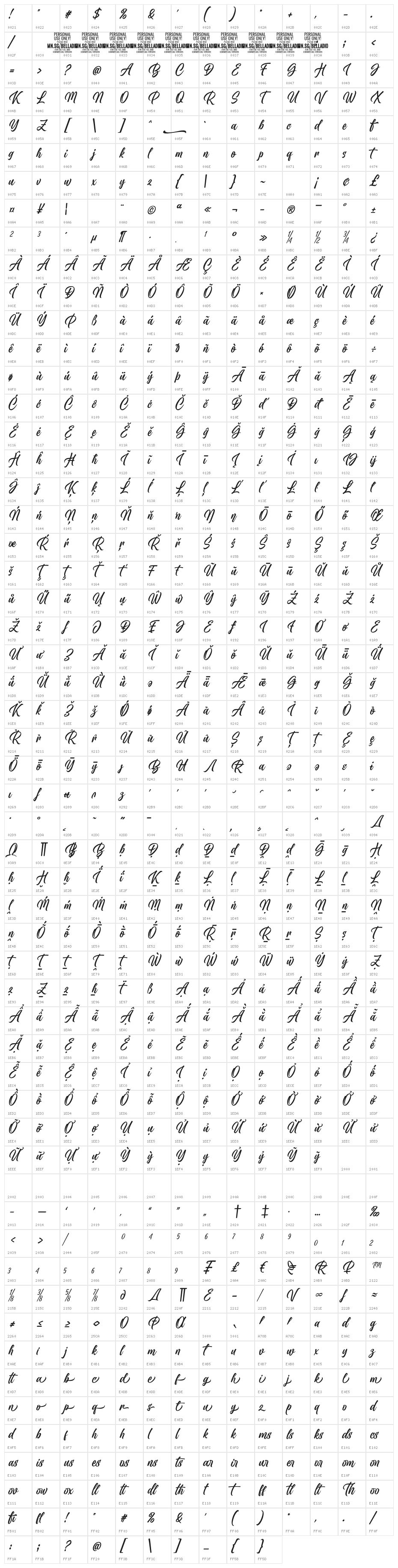 Belladio PERSONAL USE ONLY Regular Character Map