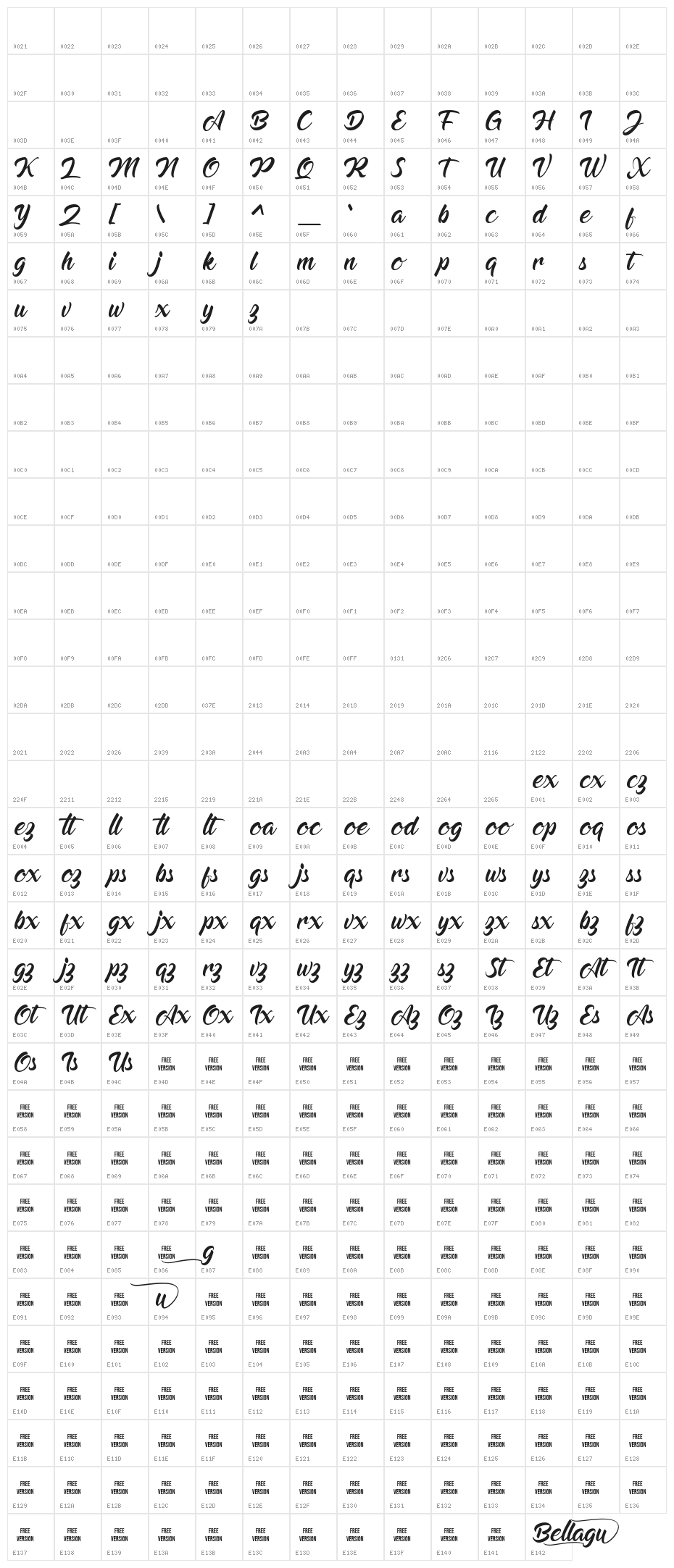 Bellagu Personal Use Only Character Map
