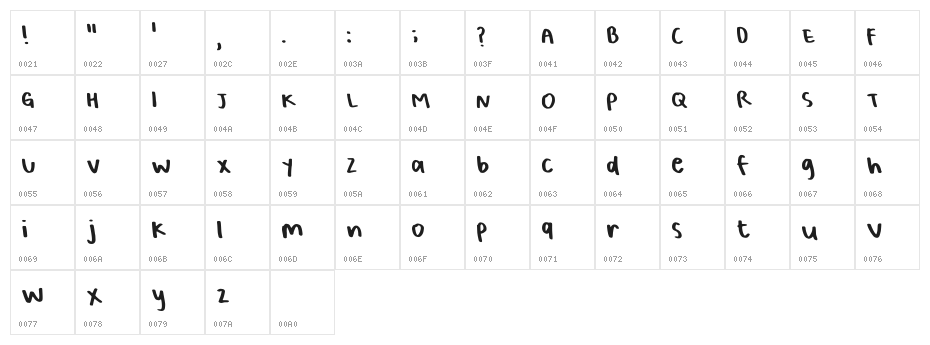 Bellas Handwriting Regular Character Map