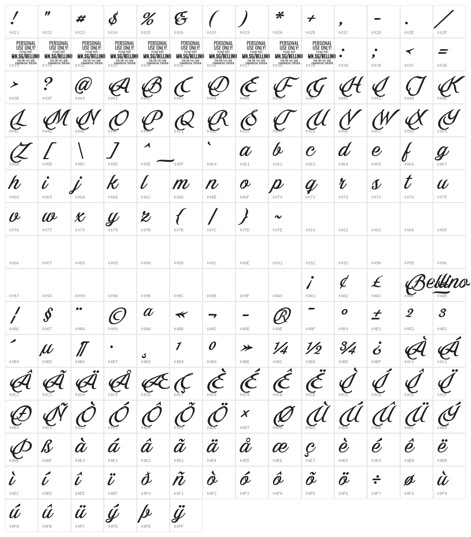 Bellino PERSONAL USE ONLY Character Map
