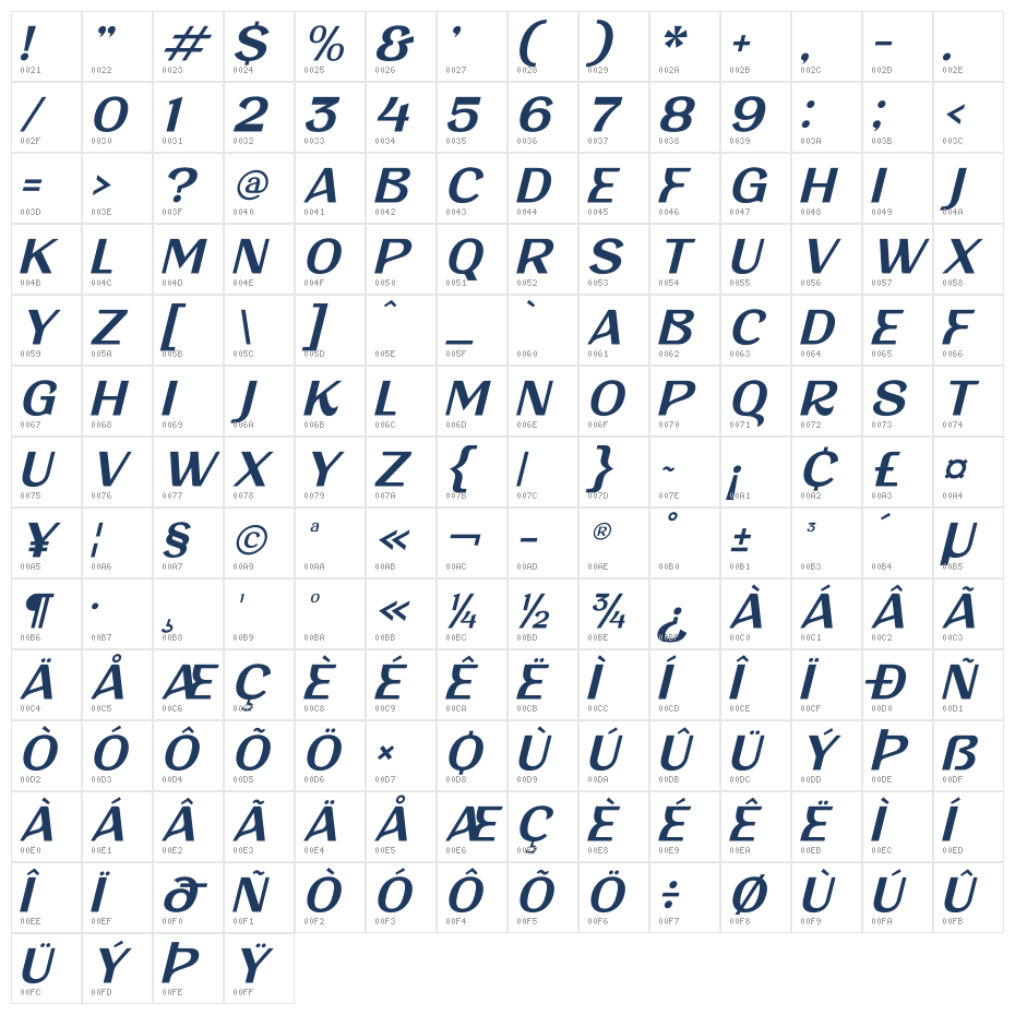 Belriner Italic Character Map